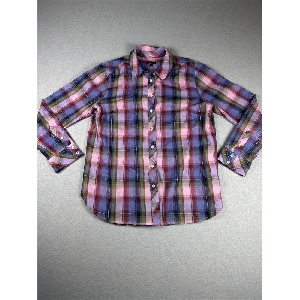 Talbots Plaid Shirt Women Large Pink Red Blue Gold Metallic Long Sleeve Button